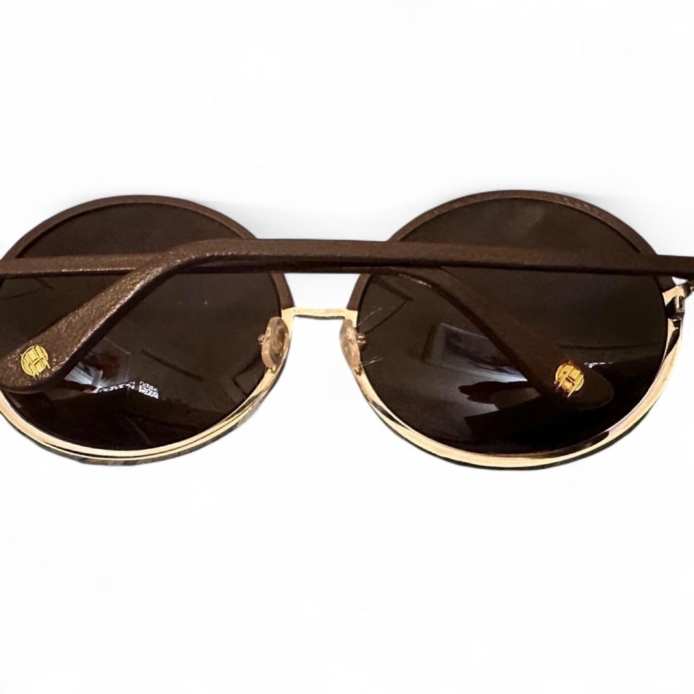 House of Harlow 1960 Oversized Round Sunglasses Brown Leather Gold Retro Boho - Picture 7 of 8